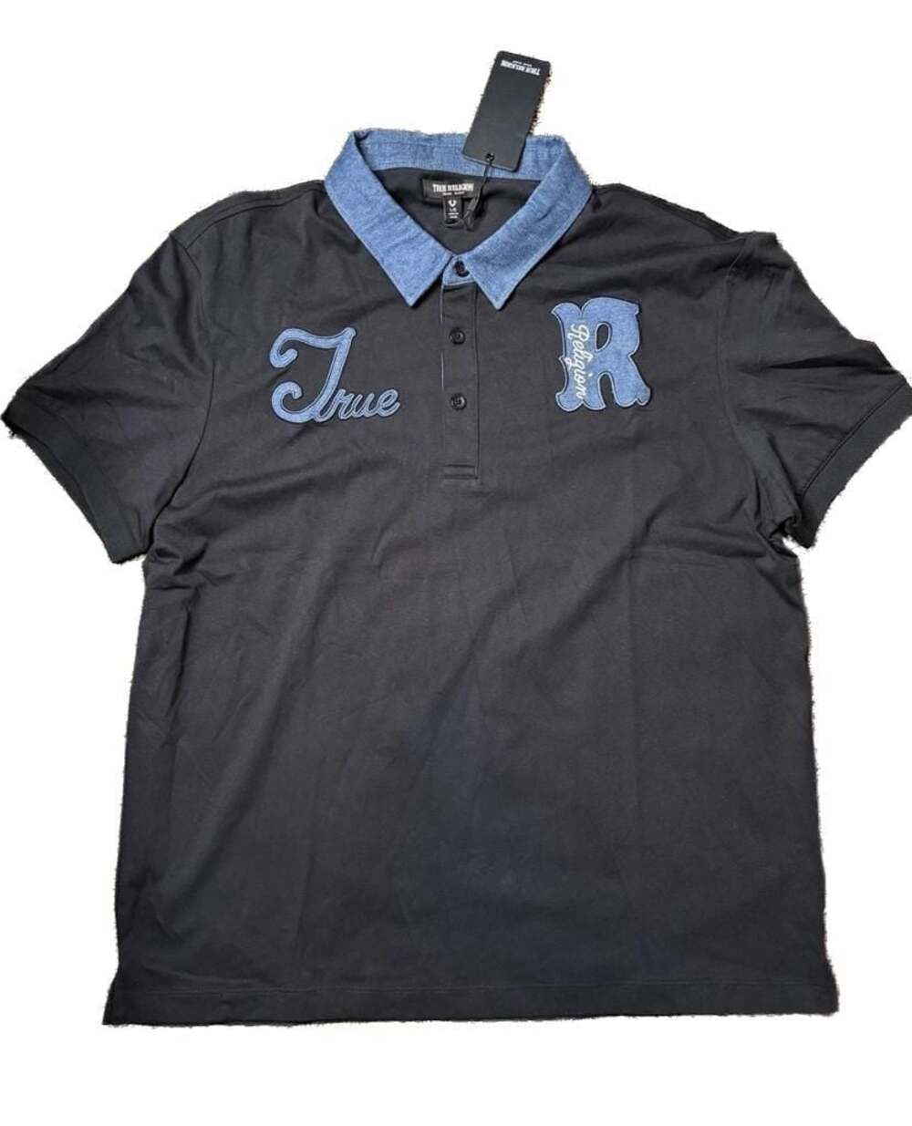 True Religion Men's Black Polo Shirt with Denim Collar and Applique Logo Size L